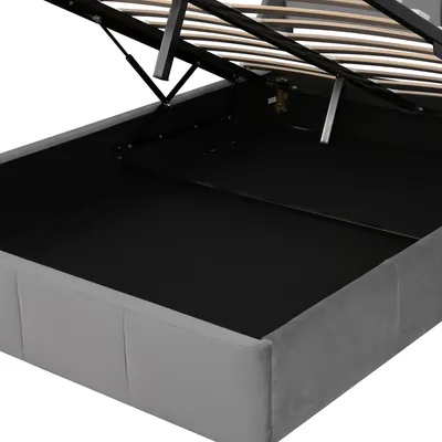 Image de Sweiko Lit Boxspring 140x200cm Fonction hydraulique Lit rembourré avec tête de lit confortable et sommier à lattes en bois massif Lit double Gris Velours (sans matelas)