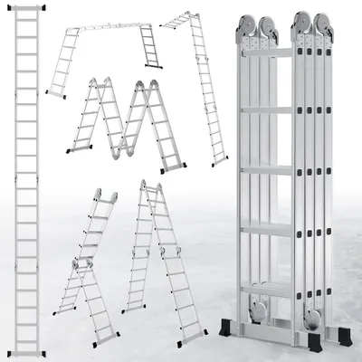 Immagine prodotto di Scala multifunzione Eikuavons 7in1, con 4x5 gradini in alluminio, altezza circa 580 cm / 5,8 metri. Scala a pantografo multifunzione, scala pieghevole e scala a cavalletto. Portata massima: 150 kg