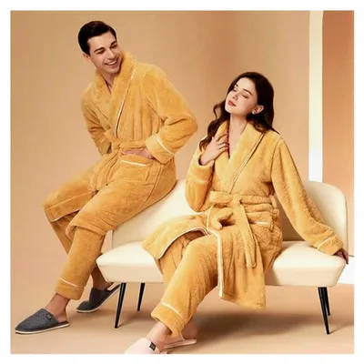 Produktbild von Schlafanzug Herren Verdickt Pyjama Sets Herbst Und Winter Zweiteilige Outfits Bademantel Und Thermohose Dicke Plüsch Hausanzug Thermisch Bequeme Freizeitanzug