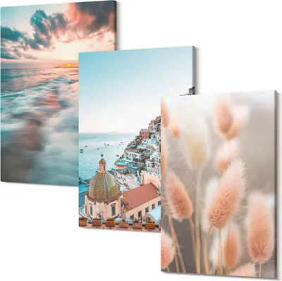 Produktbild von Leinwandbilder – Wandbilder – Leinwandbild – Canvas Bild – Polycanvas – Kunstdruck –  – Modern – Aufhängefertig – Mehrteilig – 3-Teilig – 40x60 Cm Pro Bild - Meerblick Sonnenuntergang bunte Häuser Blumen