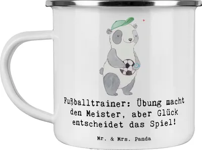 Produktbild von Mr. & Mrs. Panda Teetasse Fußballtrainer Erfolgskick - Weiß - Geschenk, Glück entscheidet das Spiel, Emaille Tasse, becher, Taktik, Fußballmotto, Haferl, Mentoring, Beruf