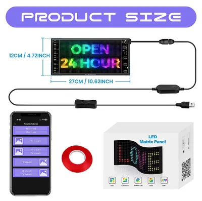 Produktbild von Flexibles LED-Matrixpanel - Programmierbares LED-Schild - 24 × 48 LEDs - App-Steuerung - USB-betrieben - Wasserdicht - 5 V