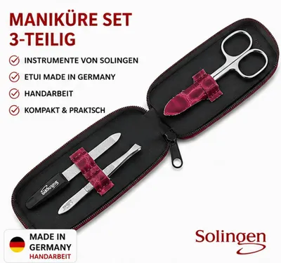 Produktbild von Maniküre Set Solingen 3-teilig mit Nagelschere, Pinzette & Saphirnagelfeile Germany Bordeaux