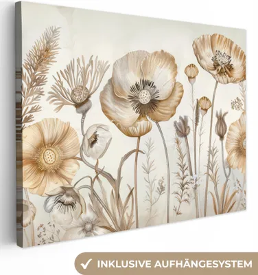 Produktbild von MuchoWow® - Leinwandbilder - Blumen - Beige - Natur - Illustration, Wandbild, Wanddeko Bilder Wohnzimmer, 120x90 cm