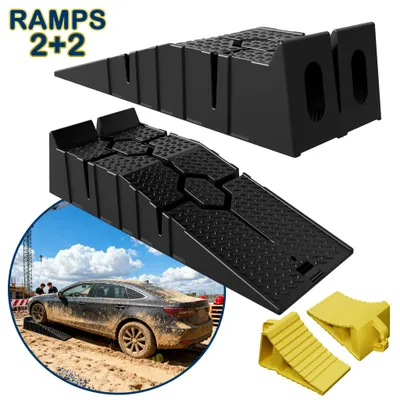 Produktbild von YRHome Kunststoff-Auffahrrampen Set 2 Stück Gelb mit Unterlegkeilen, Radkeile mit Griff, rutschfeste PKW, Wohnmobil und Anhänger Rampe 5 t Tragfähigkeit