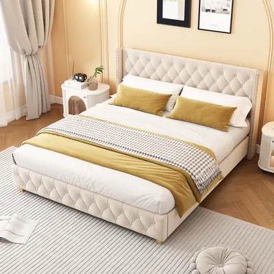 Produktbild von okwish Polsterbett Doppelbett 180×200cm mit Lattenrost und Kopfteil, Knopfpolsterung, Nietenpolsterung, Samt, Hellbeige,Ohne Matratze