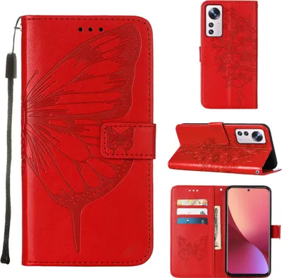 Produktbild von Xiaomi 12 Lite Hülle, Schmetterling Prägung Flip Leder Kartenfächer Schutzhülle Ledertasche mit Ständer für Xiaomi 12 Lite Rot