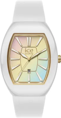 A white Ice Watch with a rainbow-colored face and gold accents is shown against a white background.