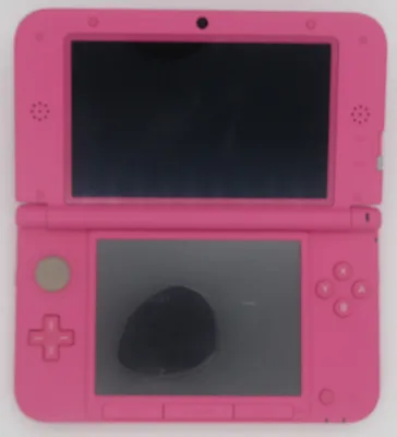 A pink Nintendo 3DS XL handheld game console is shown open and facing the viewer.