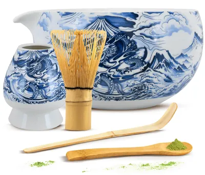Produktbild von Cebador - Matcha Tee Set Dragon 350ml - Keramik Matchawan Schale Mit Ausguss & Kusenaoshi Halter - Mit Bambus Chasen Besen, Chashaku - Blau Weiß