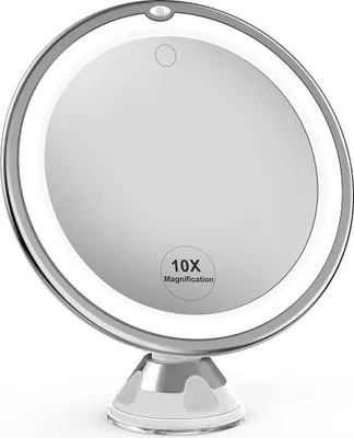 A close-up, front-facing view of a white LED makeup mirror with a suction cup base.