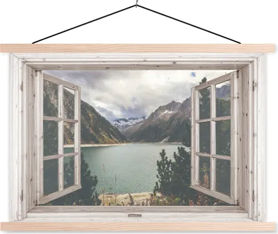 Produktbild von MuchoWow® Textilposter Aussicht - Wasser - Berg 60x40 cm mit holzfarbenen Rahmen - Bilder