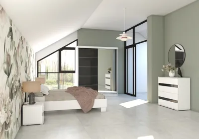 Produktbild von Schlafzimmer-Set Kleiderschrank MULTI 200cm Bettgestell Nachttisch Kommode Weiß/Semigloss Schwarz Maxima
