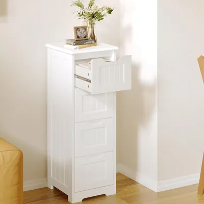 Obrázek produktu pro Noční stolek Bealife se 4 zásuvkami, úzká dřevěná skříňka do ložnice-28D x 28W x 84H cm