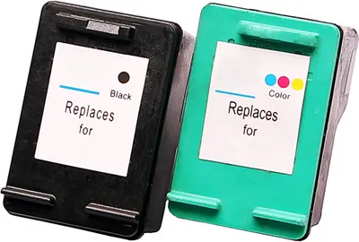 Two printer ink cartridges, one black and one color, are shown against a white background.