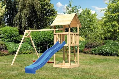 Produktbild von Spielturm AKUBI Lotti mit Sandkasten, Doppelschaukel und Rutsche blau