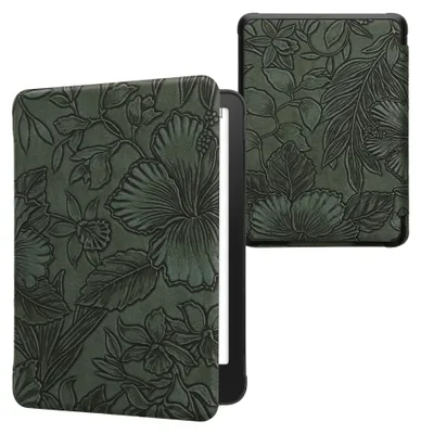 Produktbild von kwmobile Schutzhülle für Amazon Kindle Paperwhite (2024)/Colorsoft Hülle - eReader Flip Case mit Auto Sleep Funktion - Blumen im grünen Relief mit