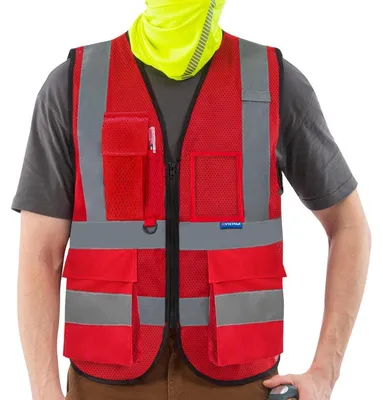 Produktbild von Sicherheitsweste Warnweste mit Reflektorstreifen Reißverschluss Taschen 3XL Rot Mesh