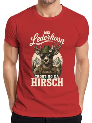 Produktbild von Mei Lederhosn trogt no da Hirsch  Bayern Lederhose Herren T-Shirt, Rot, XL