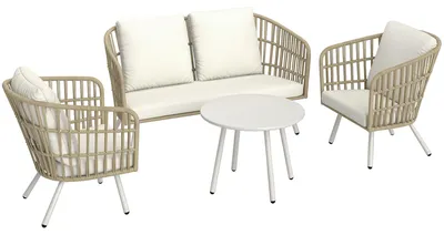 Immagine prodotto di Set da giardino in polyrattan composto da divano a 2 posti, poltrona, tavolo e cuscini, resistente alle intemperie, per 4 persone, color kaki
