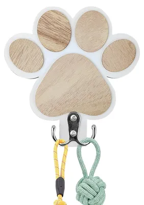 Produktbild von Hundegarderobenständer mit Haken, hölzerner Hundeleinenhalter mit Schlüsselhalter, Wandhalterung für Hundeleinen mit Hunde- und Pfotenabdrücken für Hundeaccessoires und Halsband (weiß)