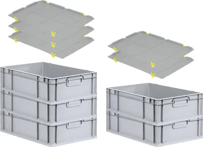 Produktbild von SuperSparSet 5x Eurobox NextGen Grip mit Auflagedeckel inkl. 4 gelben Schiebeschnappverschlüssen | HxBxT 17x40x60cm | 34 Liter | Grau | Griffe geschlossen | Glatter Boden | Eurobehälter, Transportbox, Transportbehälter, Stapelbehälter