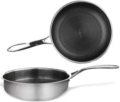 Two views of a stainless steel frying pan with a honeycomb pattern on the interior.
