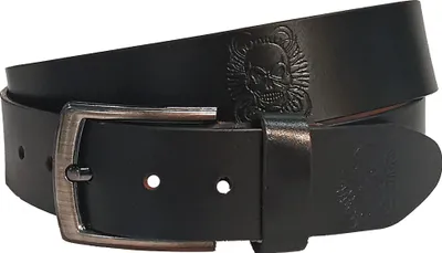 Produktbild von Hochwertiger Büffelledergürtel für Herren, Italy-Design mit Totenkopf Motiv – 3.8 cm breit, Größe: Taillenweite 100 cm, Gürtellänge 115 cm, Schwarz