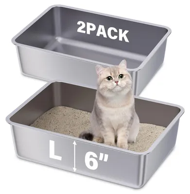 Immagine prodotto di Lettiera per gatti FUTAM in acciaio inossidabile, confezione da 2, dimensioni 50 x 34,8 x 15,2 cm, grande vaschetta in metallo