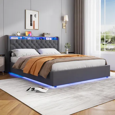 Obrázek produktu pro okwish Čalouněná postel 160×200 s úložným prostorem a úložným čelem,postel pro mládež s LED osvětlením,manželská postel v tmavě šedé barvě,bez matrace