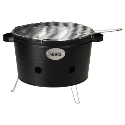 A black charcoal grill with a silver grate and legs, shown on a white background.
