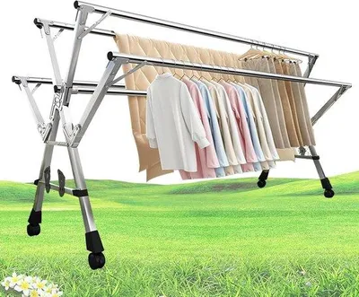Image de Tringle à vêtements pliable en acier inoxydable avec roulettes - 200 cm - Argent