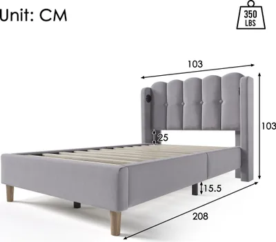 Produktbild von Polsterbett Einzelbett 90 x 200 cm mit USB, Type-C Ladefunktion, gepolstertem Kopfteil, Lattenrost, Leinen, Grau