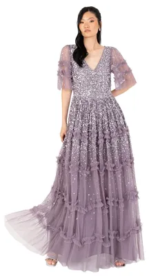Productafbeelding van Maya Deluxe dames maxi-jurk, model "Ladies", met V-hals, versierd met pailletten en met een ruchesdetail, geschikt voor bruiloften