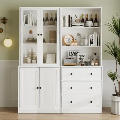 Immagine prodotto di Libreria con ante in vetro, 5 ripiani, 180 cm di altezza, colore bianco, set da 2
