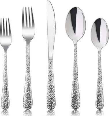 Produktbild von Besteck Set, 30-teiliges Edelstahl Besteckset für 6 Personen mit Messer Gabel Löffel, Modernes Hammergriff Essbesteck für Haus/Party/Hotel/Restaurant, Hochglanzpoliert＆ Spülmaschinenfest