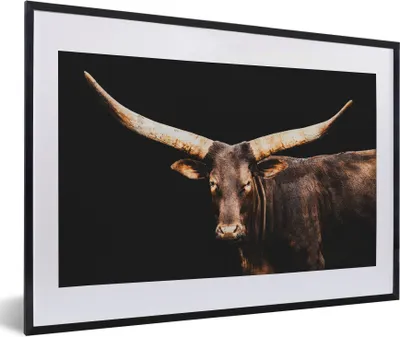 Produktbild von MuchoWow® MuchoWow® Gerahmtes Poster Kuh - Watussi - Schwarz 60x40 cm - Poster mit zchwarzem Bilderrahmen - Schlafzimmer - Plakat in Rahmen - Drucken