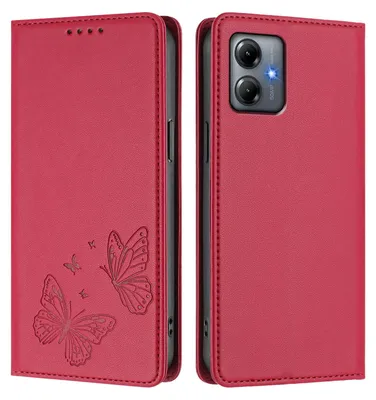 Produktbild von Lederhülle für Motorola Moto G14, Schmetterling Prägung Leder Brieftasche Schutzhülle mit Ständer Rot