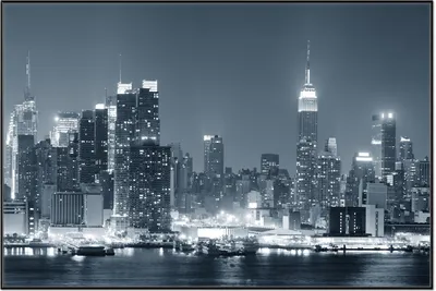 Produktbild von Wallario Wandbild New York Skyline - Schwarz Weiß Blau, Größe: 61 x 91,50 cm, Poster mit schwarzem Aluminiumrahmen