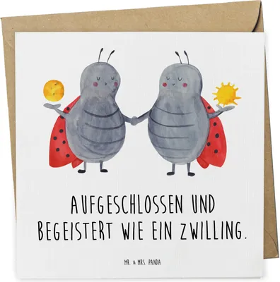 Produktbild von Mr. & Mrs. Panda Grußkarte Sternzeichen Zwilling - Weiß - Geschenk, Zwillingsbruder, faltkarte, doppelkarte, anlasskarte, Zwillinge, Klappkarte, Marienkäfer, Glückskäfer