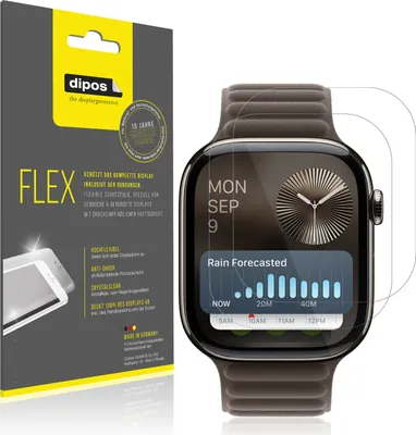 A product shot featuring packaging and the product itself, an Apple Watch with a screen protector applied.