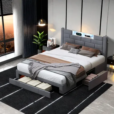 Immagine prodotto di UnboxG Letto imbottito 140 x 200 cm, letto matrimoniale con connessione USB, struttura letto con illuminazione LED, letto contenitore con 3 cassetti, velluto, grigio