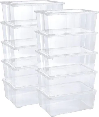 Produktbild von Famanu Aufbewahrungsboxen mit Deckel, stapelbar, Kunststoff, transparent, für Kleidung, Schuhe, Spielzeug, 10 l, 10 Stück