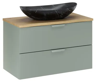Productafbeelding van Badkamerset 80 cm, groen, met wastafelblad van eikenhout en opzetwastel Lena