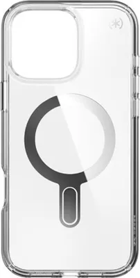 A clear phone case with a magnetic ring for charging.