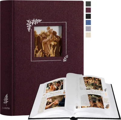 Produktbild von Fotoalbum zum Selbstgestalten und Einkleben - Kleines Leinenfotobuch mit Fensterdesign - 60 weiße Seiten - Pergamin - Verschiedene Fotoformate - Lila Cover