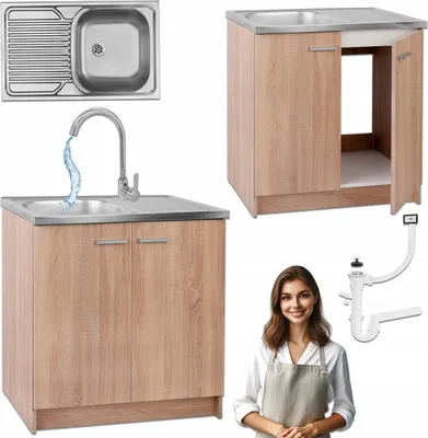 Zdjęcie produktu dla Szafka Kuchenna 80 cm Dąb Sonoma + Zlewozmywak + Bateria Wysoka Chrom Syfon