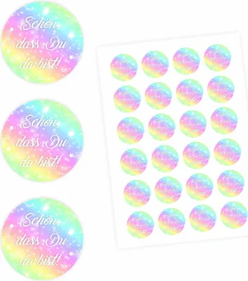 Produktbild von 24 "Schön, dass Du da bist!" Aufkleber - Regenbogen - rund 4 cm Ø - Sticker Hochzeit Gastgeschenk