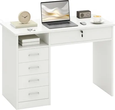 Produktbild von Schreibtisch – Computertisch – Bürotisch – Computerarbeitsfläche – Arbeitsplatz – 5 Schubladen mit Schloss – Große Arbeitsfläche: 110 x 50 cm