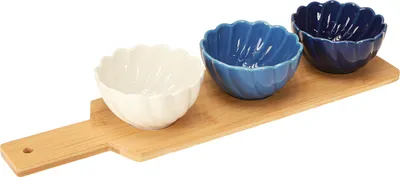 Produktbild von Elegantes Servierset aus Keramik mit Bambus-Tablett für Dips und Snacks